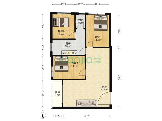梁围大街26号 3室1厅1卫 83平方
