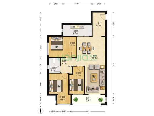 中南汇 3室1厅1卫 110平方