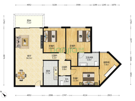 鲁能山海天 3室1厅2卫 115平方