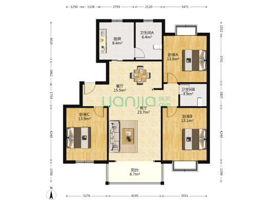 明光苑 3室2厅2卫 129平方