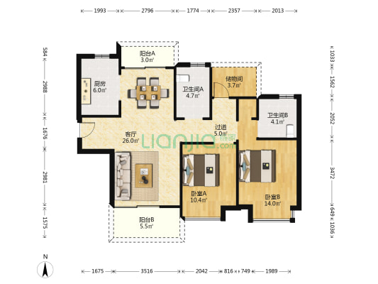 保利天汇 2室1厅2卫 101平方