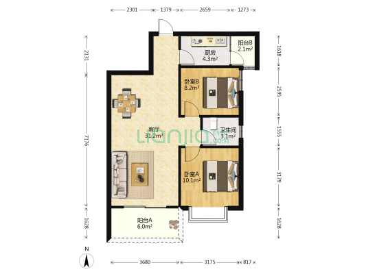 锦泰现代城 2室1厅1卫 82平方