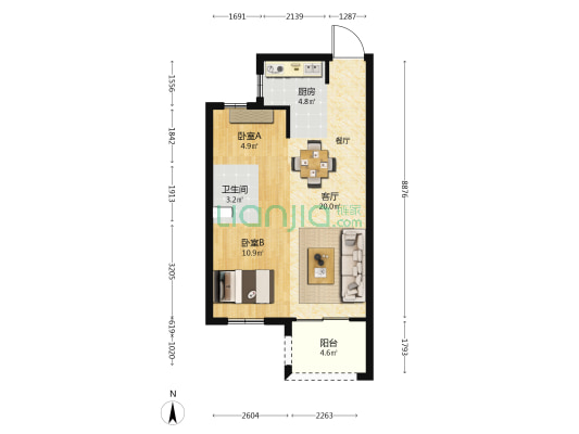 龙湖迪鑫紫宸府 2室1厅1卫 60平方