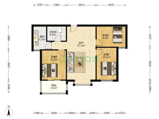 涿州开发区精装修三居室，拎包入住-户型图