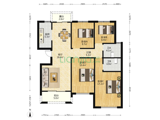 绿地香湖湾1号院 4室1厅2卫 125平方