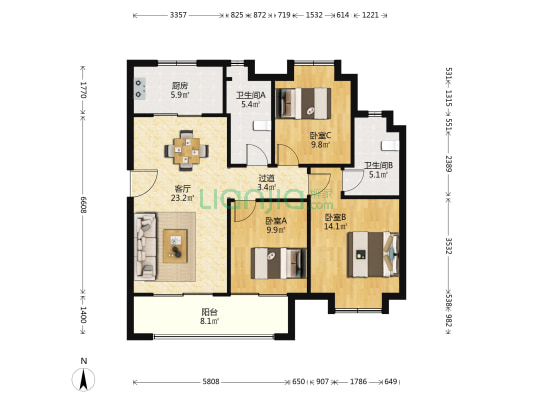 融创广场 3室1厅2卫 116平方
