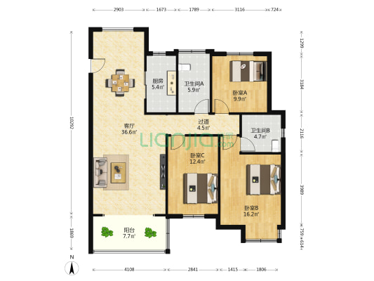 新建城A8 3室1厅2卫 124平方