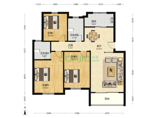 御景豪庭 3室1厅2卫 121平方