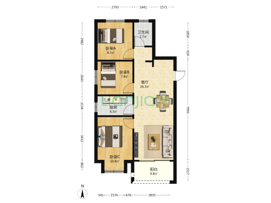 中电都会中心 3室1厅1卫 85平方