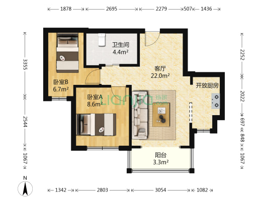 中铁诺德滨海花园D区 2室1厅1卫 68平方