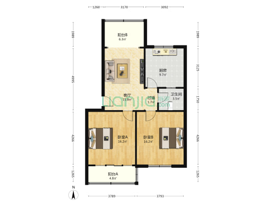 长安区粮食局家属院 2室1厅1卫 88平方