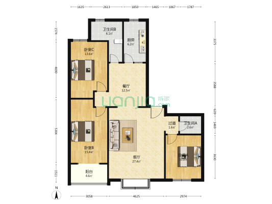 世新园 3室2厅2卫 159平方