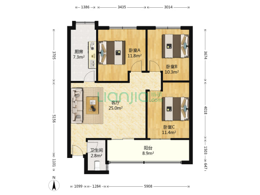 化工研究所宿舍 3室1厅1卫 87平方