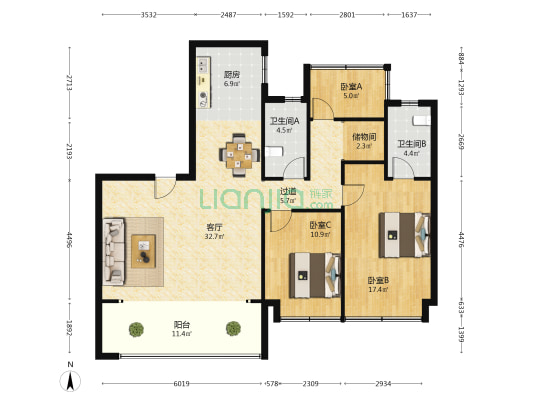 伟星滨江道 3室1厅2卫 136平方