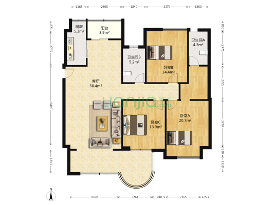 中骏海岸1号 3室1厅2卫 149平方