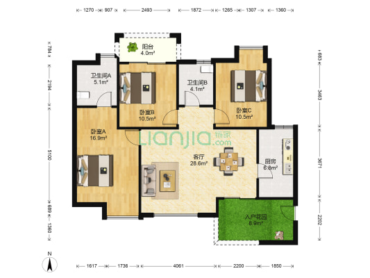 清河阳光 3室1厅2卫 115平方
