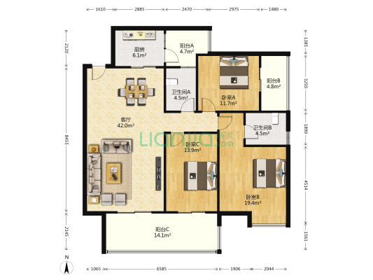 银海元隆广场A区 3室1厅2卫 138平方