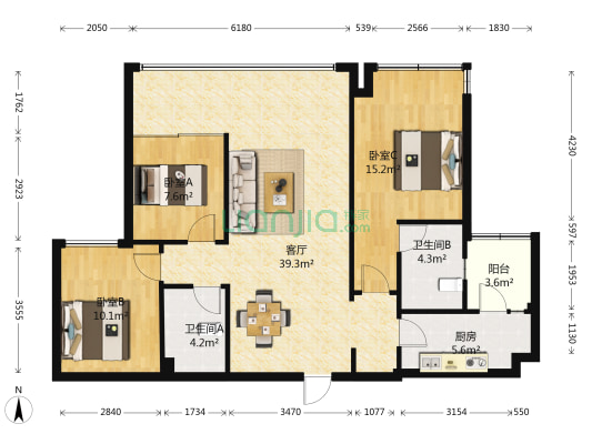 绿地GIC壹期 3室1厅2卫 105平方
