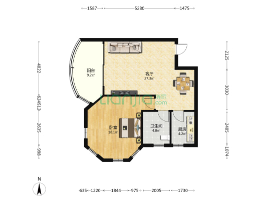 凭海临风 1室1厅1卫 72平方