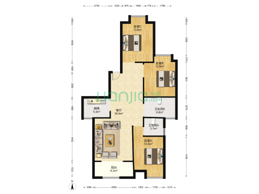 金星小区 3室1厅2卫 129平方