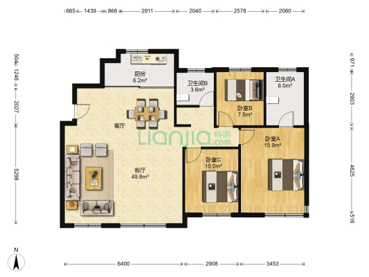 万科新都会 3室1厅2卫 127平方