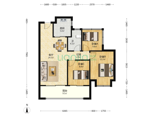 龙湖怡康湖城大境 3室1厅1卫 98平方