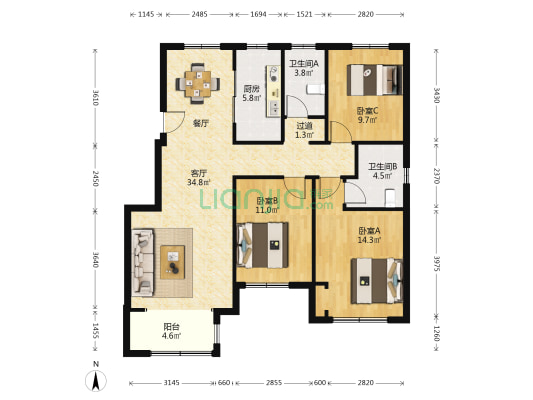 安田心屿 3室1厅2卫 120平方