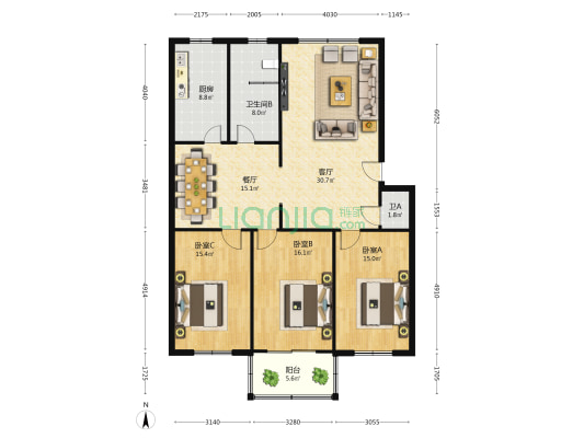 盛世家园 3室2厅2卫 140平方