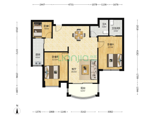繁荣嘉园 3室1厅2卫 91平方