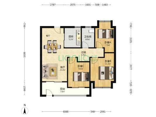 龙信晏园 3室1厅1卫 99平方