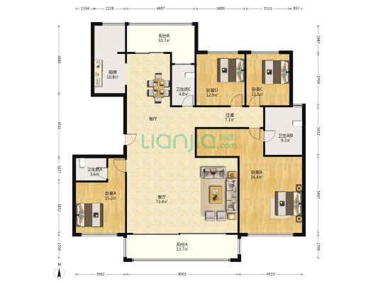 中建柒号院 4室1厅3卫 233平方