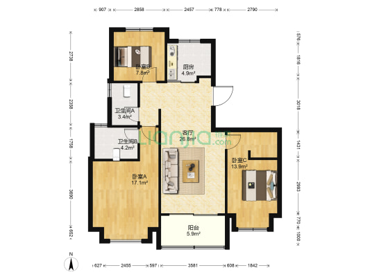 朗悦花园 3室1厅2卫 114平方