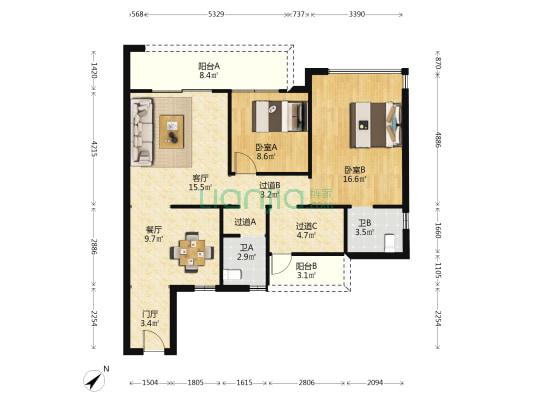 荣盛公园御府一期 2室2厅2卫 116平方
