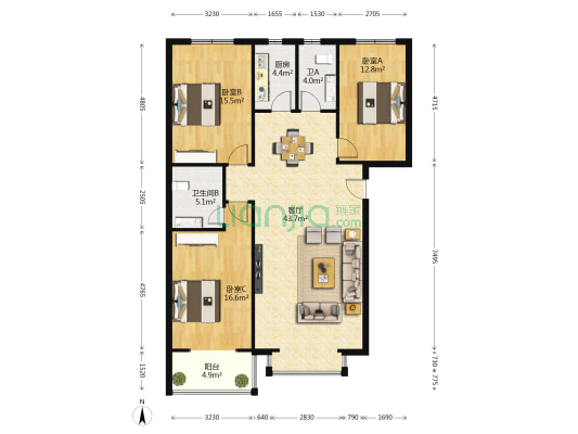 尚东绿洲三期 3室1厅2卫 137平方