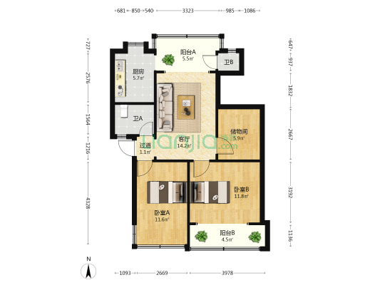 云南省经委住宅区 2室1厅2卫 74平方