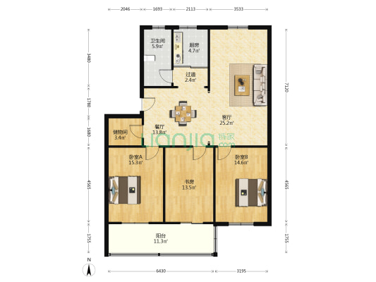 紫竹园 3室2厅1卫 121平方