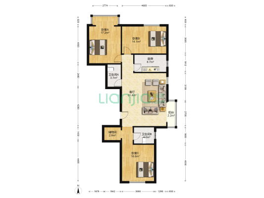 帝景豪庭 3室1厅2卫 141平方