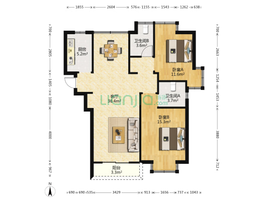 万业观山泓郡 2室1厅2卫 107平方