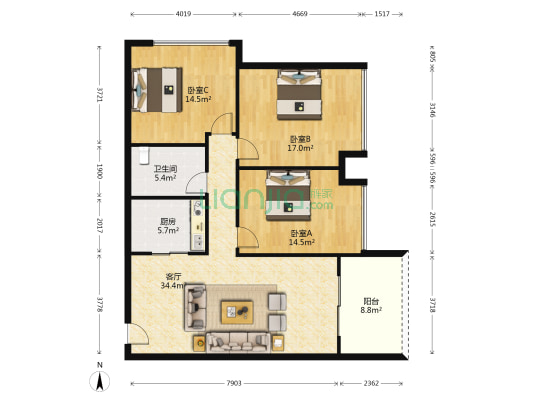 壹号公馆 3室1厅1卫 109平方