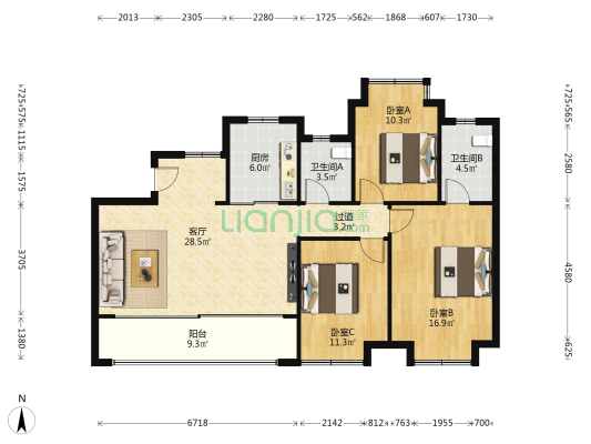 名城紫金轩 3室1厅2卫 128平方
