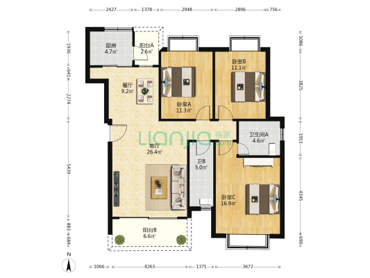 海岛阳光三期 3室2厅2卫 118平方
