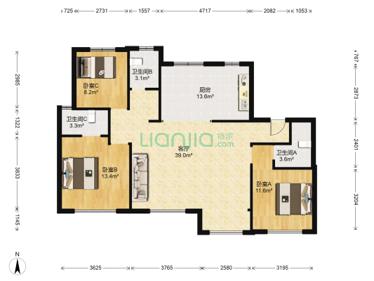 大唐印象比松花园 3室1厅3卫 143平方