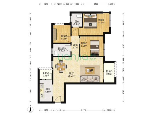 鲁能泰山7号十三街区 3室1厅2卫 85平方