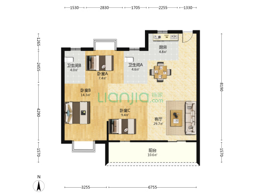 恒宇国际尚郡 3室1厅2卫 107平方