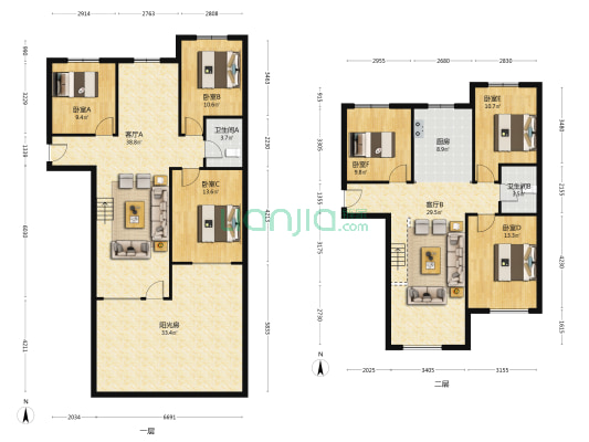 精装六居，下跃户型方正。带下沉花园。-户型图