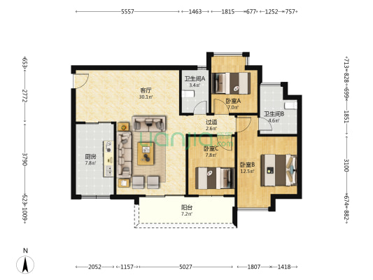美力百富雅苑二期 3室1厅2卫 91平方