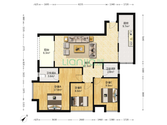 富州新城D街区 3室1厅2卫 105平方
