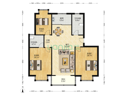 鸿运苑南区 3室1厅2卫 129平方