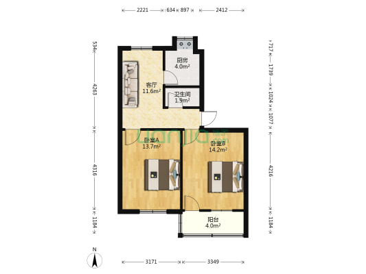 曙光妹子山社区 2室1厅1卫 62平方