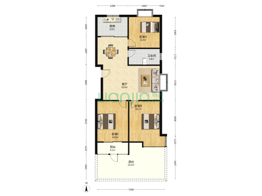 海棠苑 3室1厅1卫 116平方